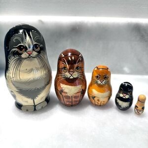 Vintage Set of 5 Cat Russian Nesting Matryoshka Dolls Ginger Black Tabby Calico